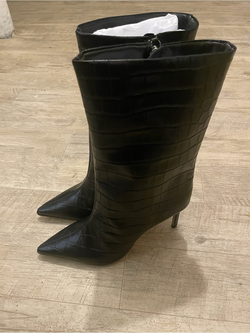 SCHUTZ Black Croc-Embossed Pointed-Toe Stiletto Mid-Calf Boots